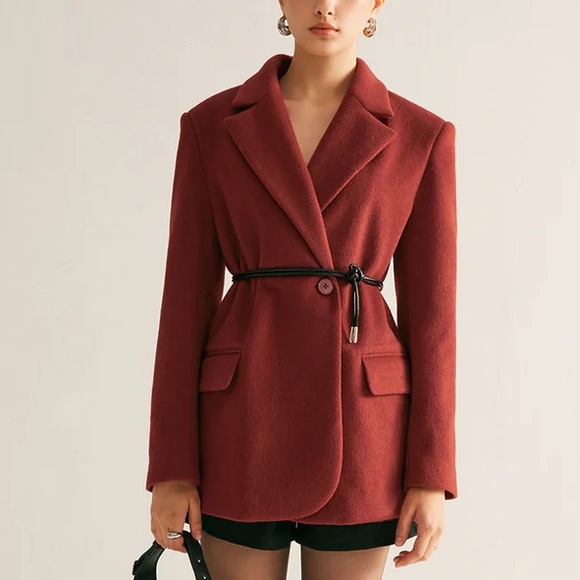 Red wool blend oversized drawstring tie belt blazer jacket - Picture 7 of 9